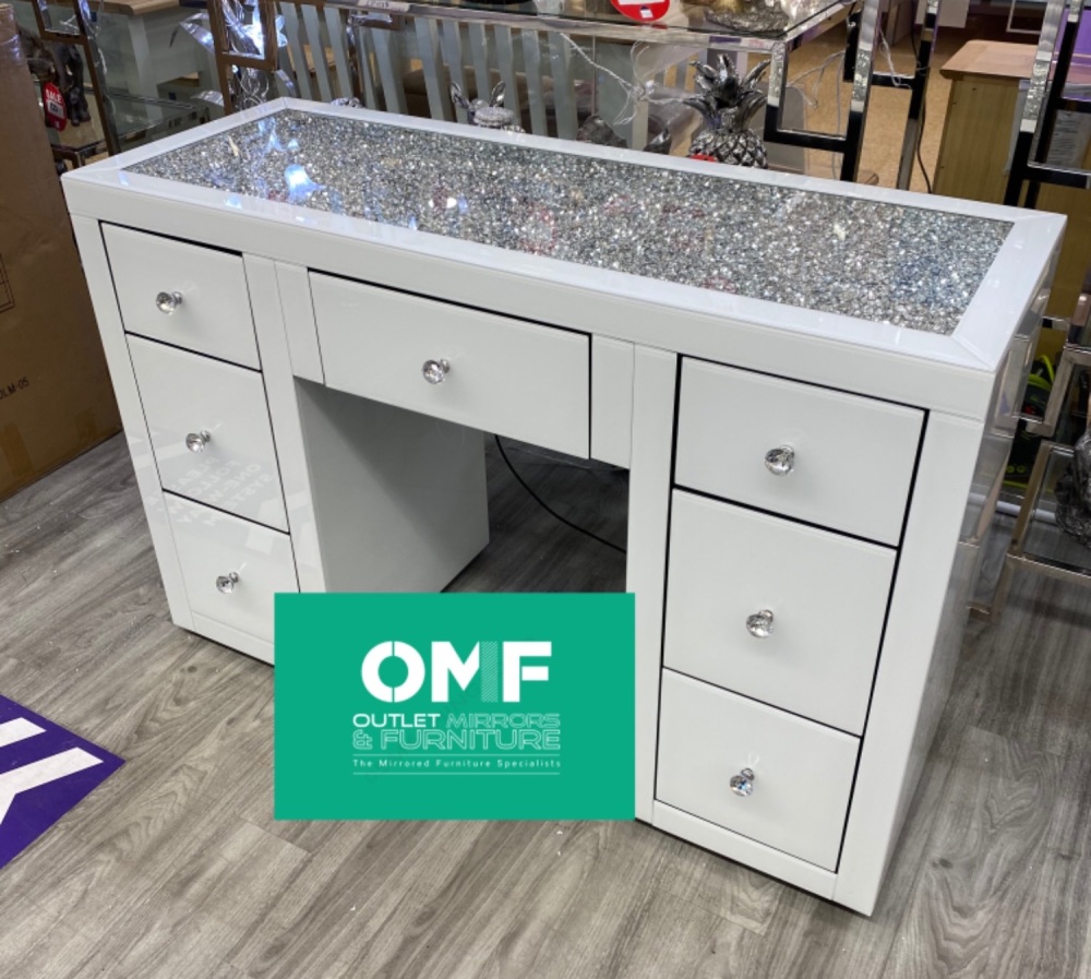 * Monica Diamond Crush Mirrored White 7 Draw Dressing Table with a Diamond Crush Top & Tri Fold Mirror - IN STOCK