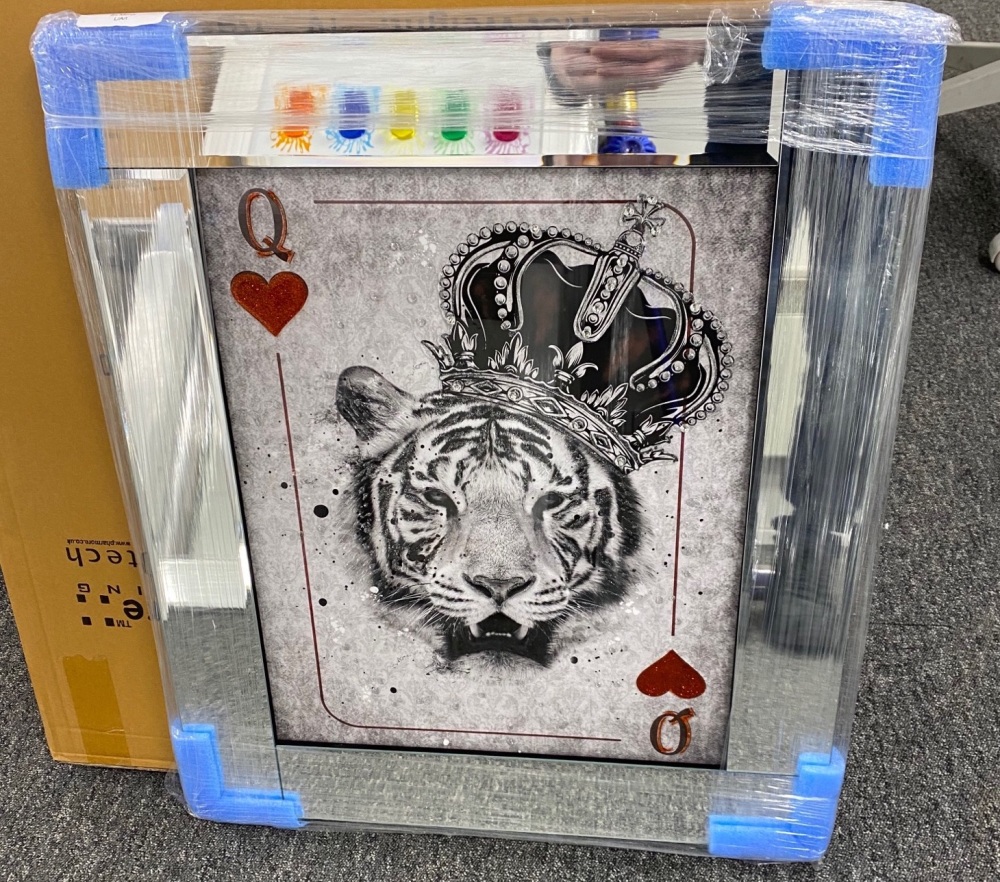 Mirror framed  Playing Card Art Wall Art  Queen of Hearts Lioness toppled Crown  in a mirror frame 