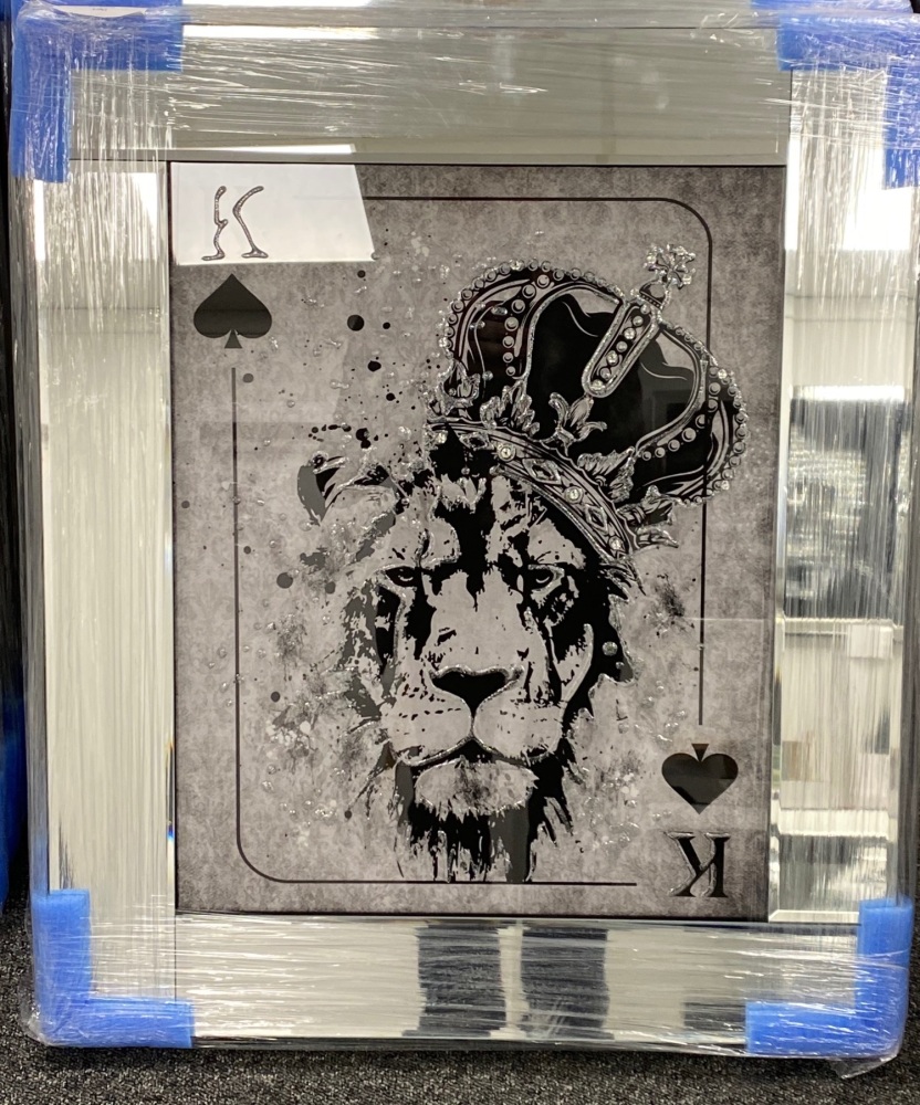  Playing Card Art Wall Art  King of Spades Lion toppled Crown  in a mirror frame 