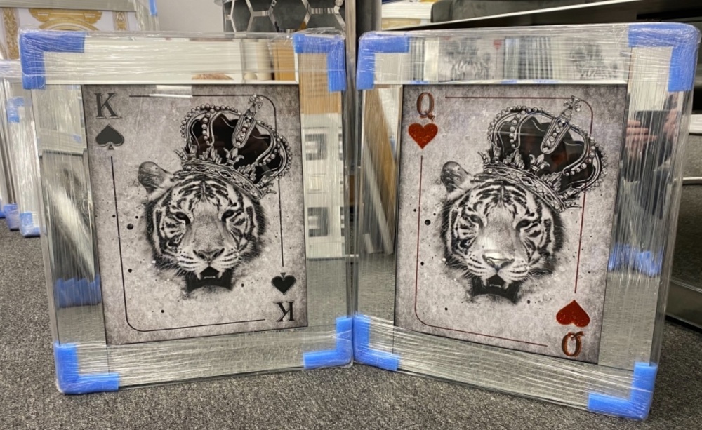 Mirror framed  Playing Card Art Wall Art  King Lion Spades & Queen of Hearts in a mirror frame 