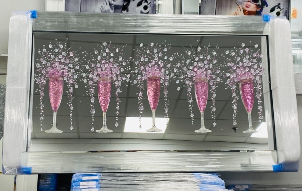 3D Champagne flutes Pink wall art on a Mirror background in a mirror frame 