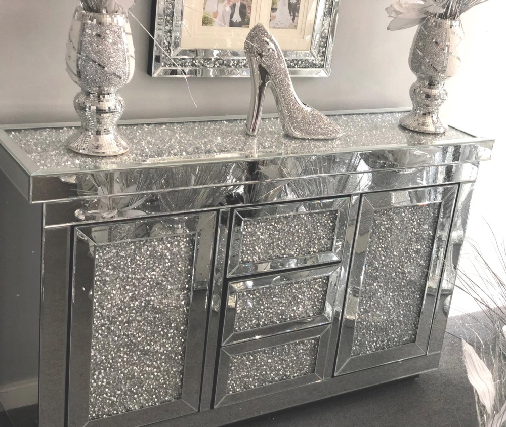 *Diamond Crush Sparkle Crystal Mirrored 3 draw 2 Door Sideboard special offer  -In Stock