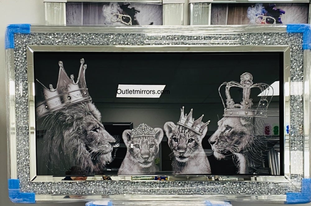  Lion, Queen Lioness & Cubs Family  in a Diamond crush mirrored framed 114cm x 64cm