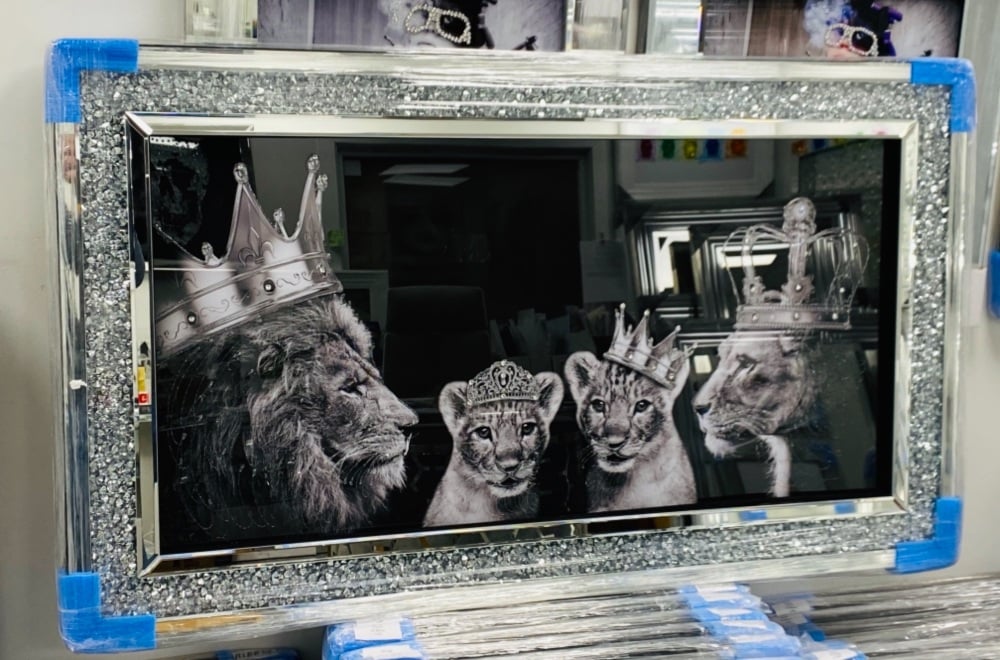 Lion, Queen Lioness & Cubs Family  in a Diamond crush mirrored framed 114cm x 64cm. In stock