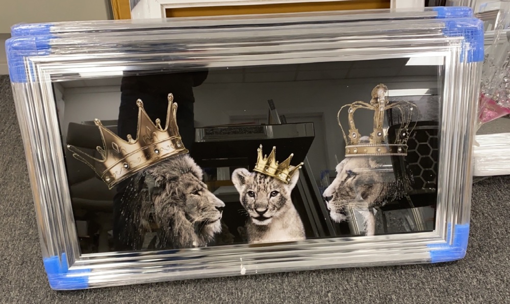 Lion, Queen Lioness & Cub   in a chrome stepped  framed 114cm x 64cm