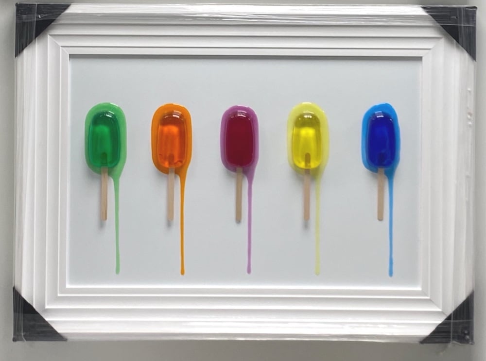 3D colourful Ice Lollies wall art on a white gloss background white stepped frame  55cm x 75cm in stock