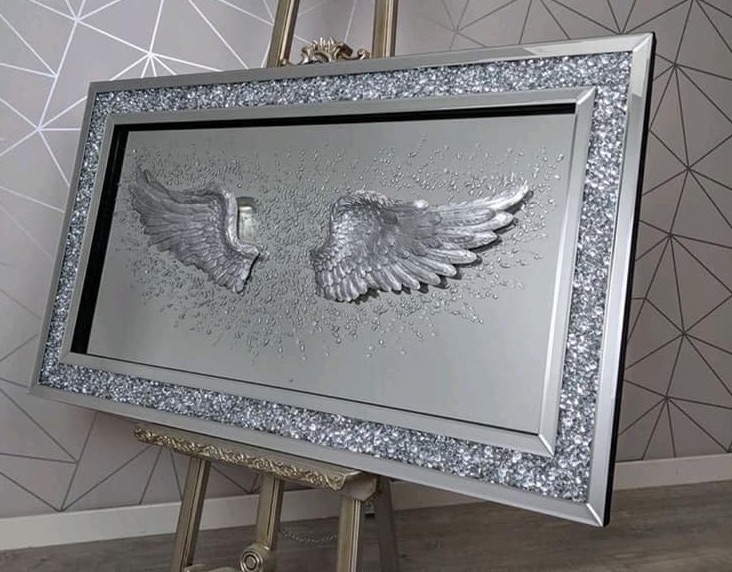 3d Angels Wings Art in a Diamond crush Mirrored Frame 114cm x 64cm