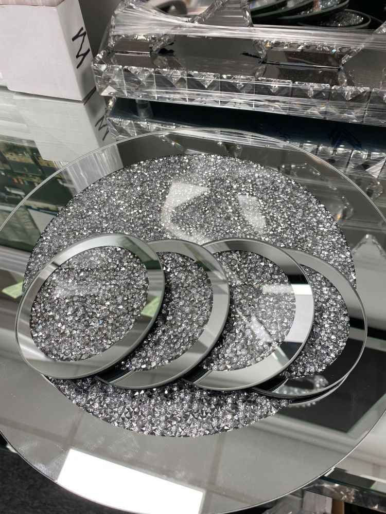Diamond Crush Sparkle Mirrored Round Plate Holder 