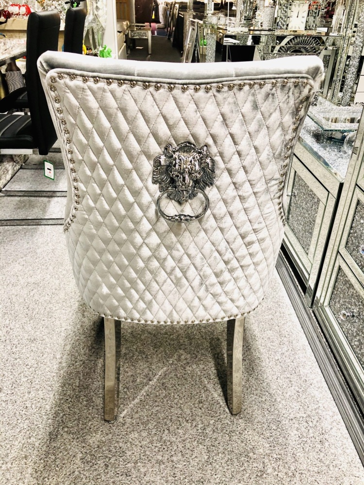Majestic Lion Back Dining Chair Quilted Stitch Back Design in Silver with Chrome Leg