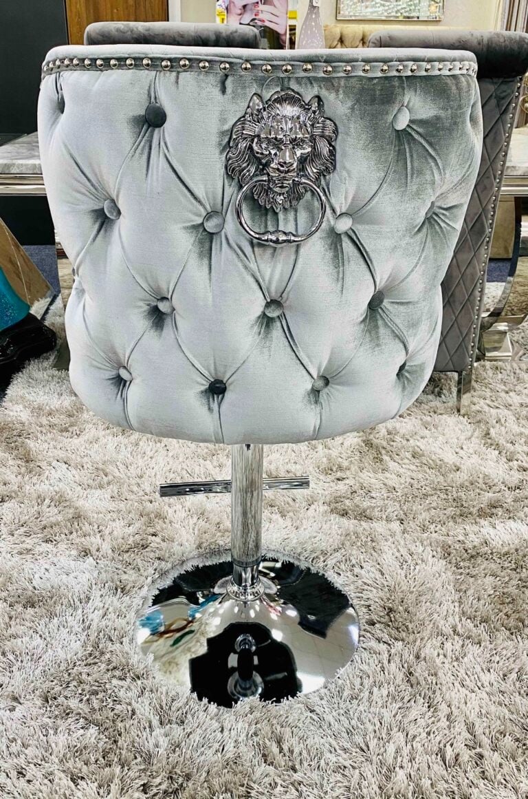 Lion Knocker Back Stool Quilted Stitch seat and Buttoned Back Design in Sil