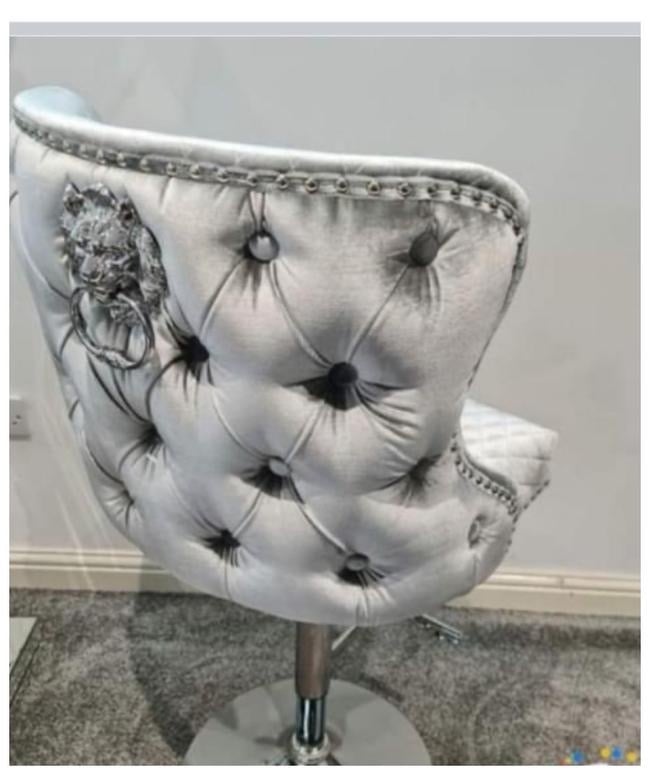 Valentino Lion Knocker Back Stool Quilted Stitch seat and Buttoned Back Design in Silver  with Chrome Leg