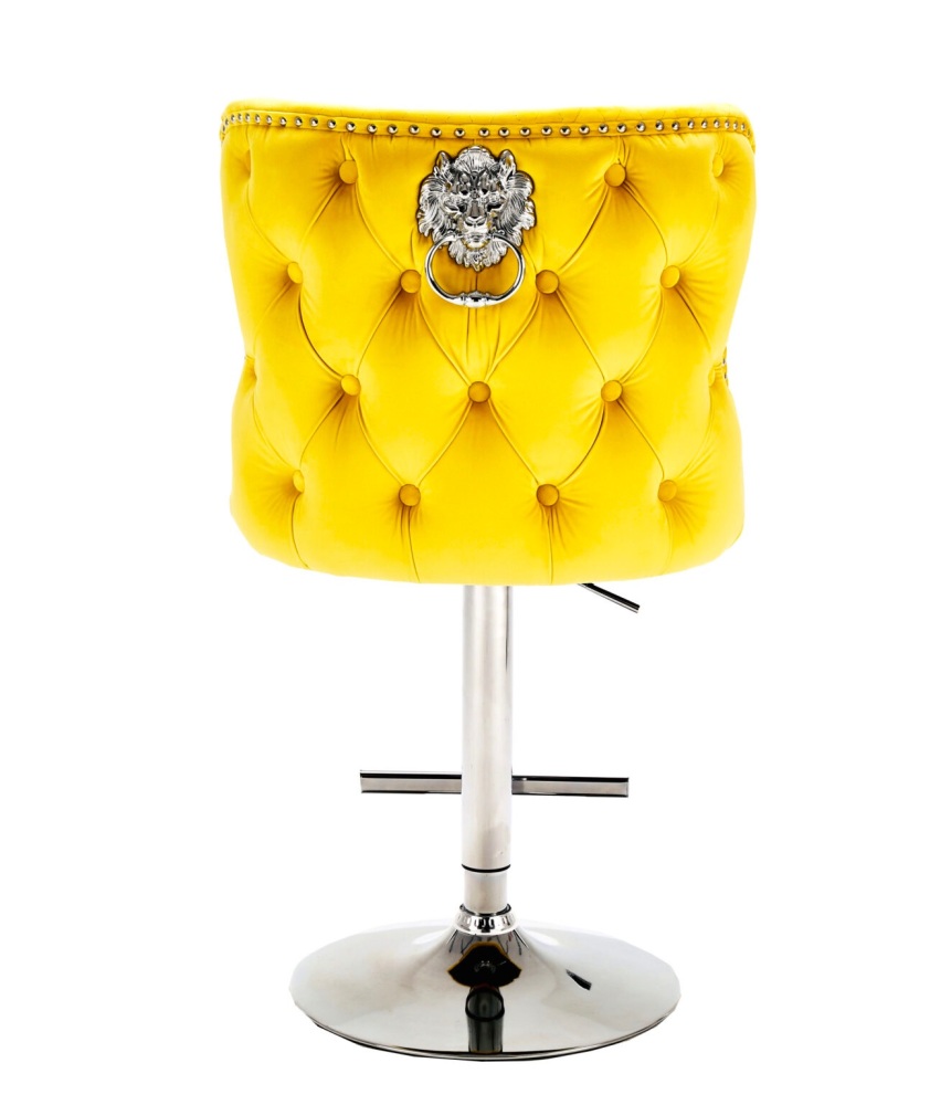 Valentino Lion Knocker Back Stool Quilted Stitch seat and Buttoned Back Design  in Mustard Yellow  with Chrome Leg