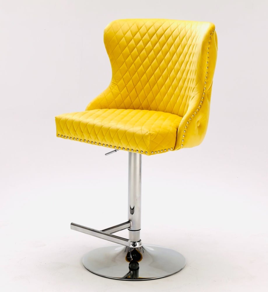 Valentino Lion Knocker Back Stool Quilted Stitch seat and Buttoned Back Design  in Mustard Yellow  with Chrome Leg