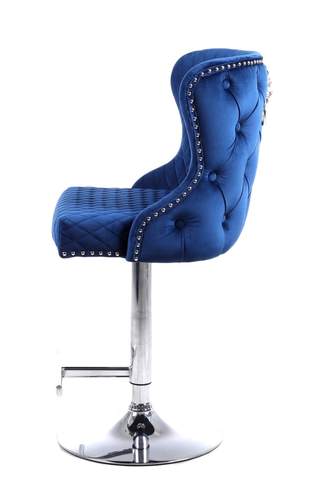 Valentino Lion Knocker Back Stool Quilted Stitch seat and Buttoned Back Design  in Royal Blue  with Chrome Leg