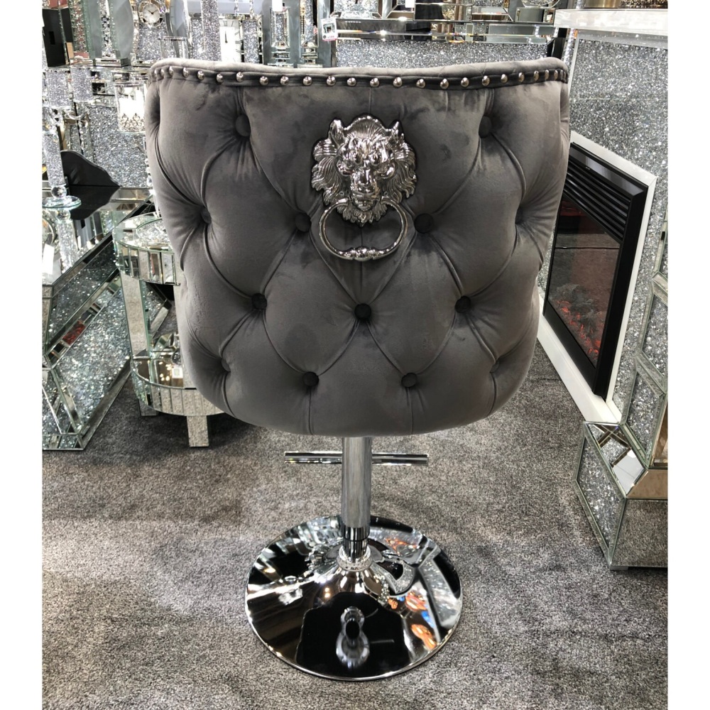 Valentino Lion Knocker Back Stool Quilted Stitch seat and Buttoned Back Design in Grey with Chrome Leg