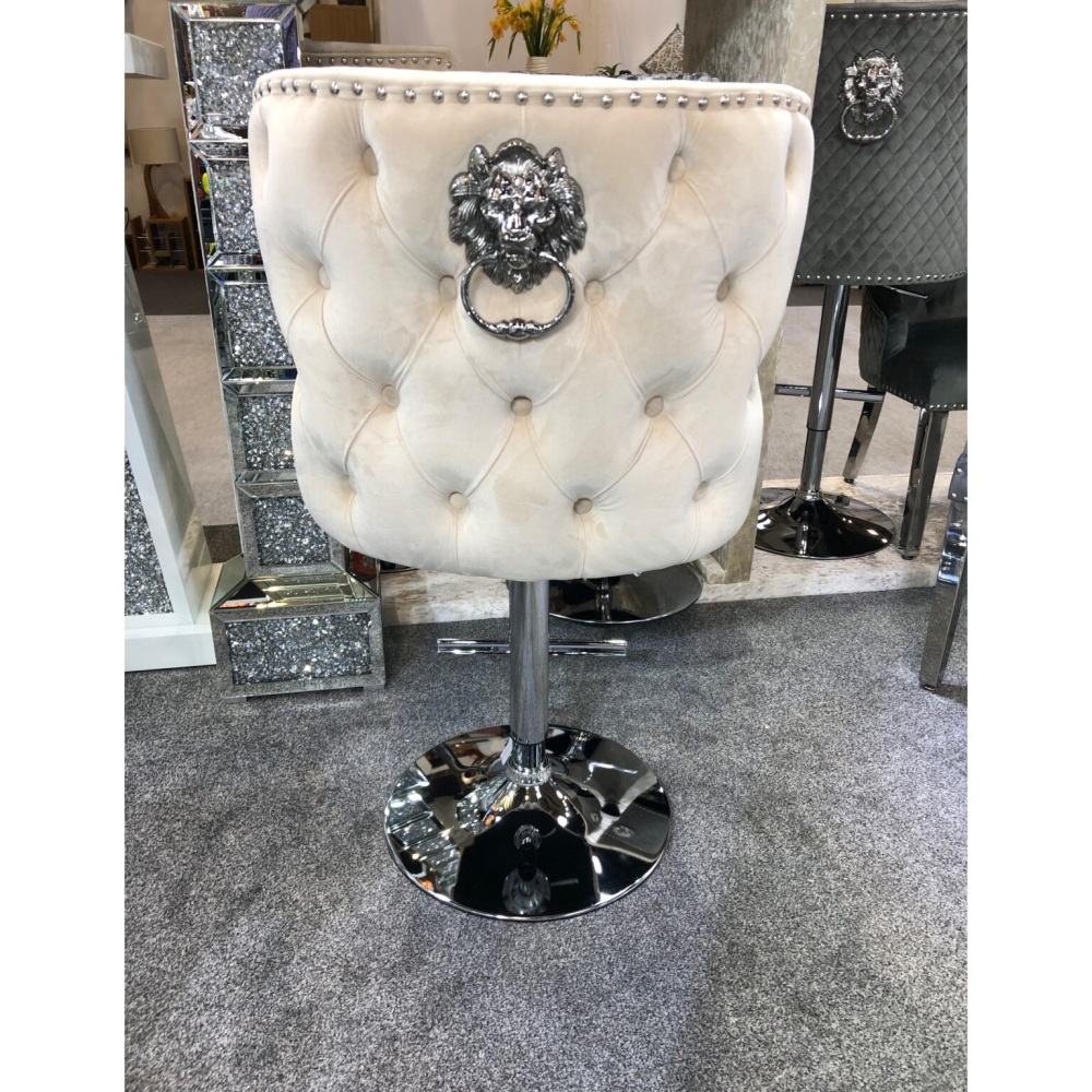 Valentino Lion Knocker Back Stool Quilted Stitch seat and Buttoned Back Design in Cream with Chrome Leg