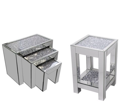 Diamond Crush Set of 4 Shiny Silver Mirrored Square Table Glass 