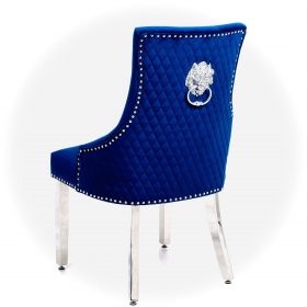 Majestic Lion Back Dining Chair Quilted Stitch Back Design in Royal Navy Blue  with Chrome Leg