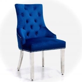 Majestic Lion Back Dining Chair Quilted Stitch Back Design in Royal Navy Blue  with Chrome Leg