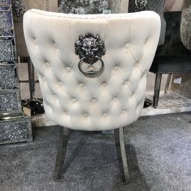 Valentino Lion Knocker Back Dining Chair Quilted Stitch seat and Buttoned Back Design in Cream with Chrome Leg