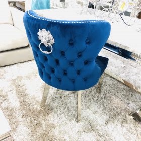 Valentino Lion Knocker Back Dining Chair Quilted Stitch seat and Buttoned Back Design in Royal Navy Blue  with Chrome Leg