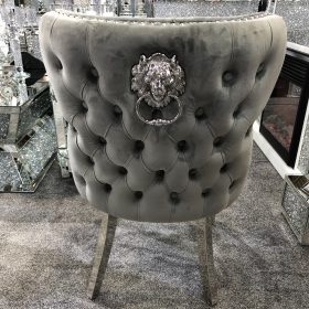 Valentino Lion Knocker Back Dining Chair Quilted Stitch seat and Buttoned Back Design in Grey with Chrome Leg