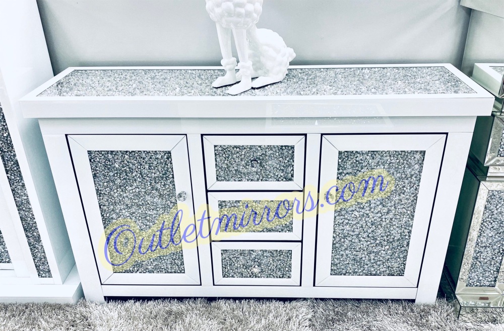 *Diamond Crush Sparkle Crystal Mirrored 3 draw 2 Door Sideboard in white with crystal handles