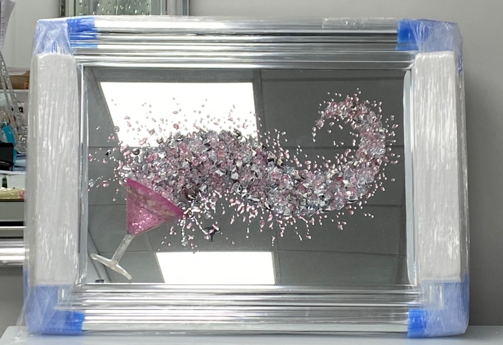3D Martini Cup right splash Pink wall art on a Silver mirror in a silver chrome frame Size 70cm x 55cm
