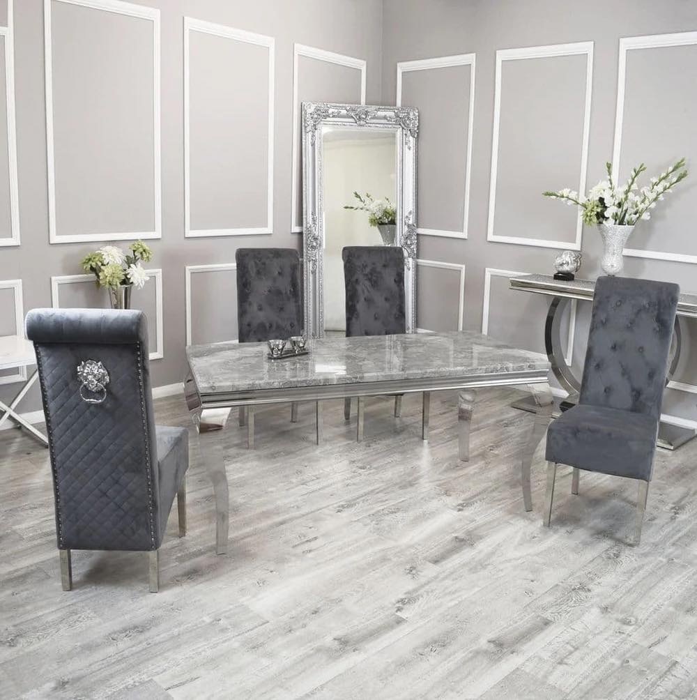 Louis Marble Rectangular Dining Table in light Grey   1.5m with 4 Lion Knocker Grey Chairs