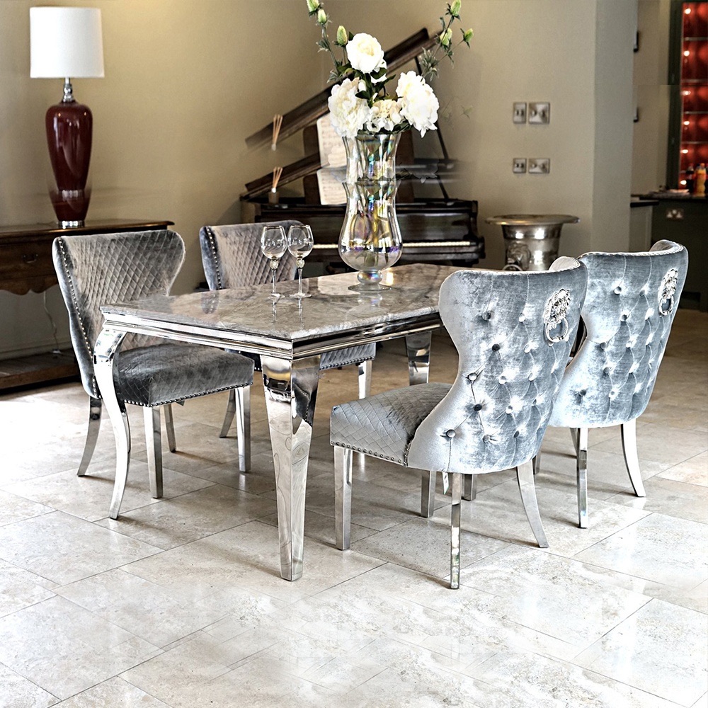 Louis Marble Rectangular Dining Table in light Grey   1.5m with 4 Lion Knocker Shimmer grey Button Back Chairs