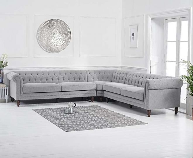 Lauren Velvet Chesterfield Corner Group Sofa in light Grey