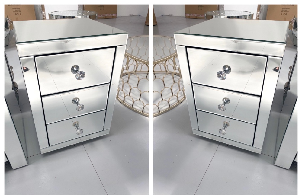 * Monica Venetian Mirrored Pair of  3 Draw Bedside Chests - Stock due 15/9/
