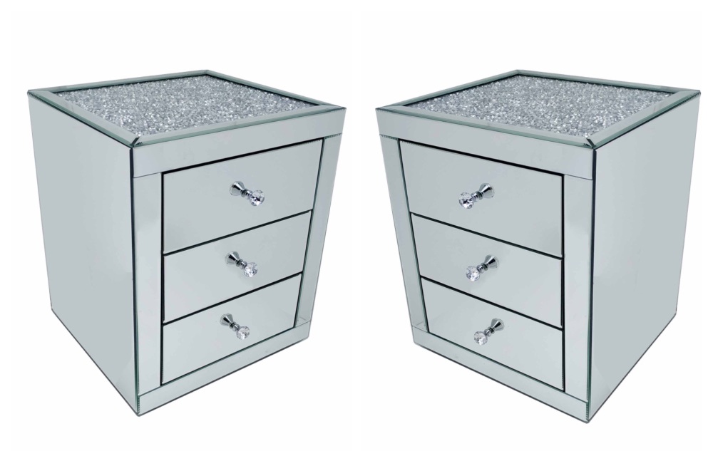 * Monica Diamond Crush Mirrored Pair of  3 Draw Bedside Chest with a Diamond crush Top -IN STOCK