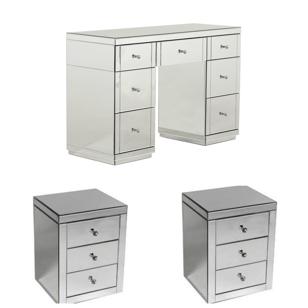 * Monica package Deal Venetian  Mirrored 7 Draw Dressing Table 1 LEFT  & 2 bedside chest of draws in  stock