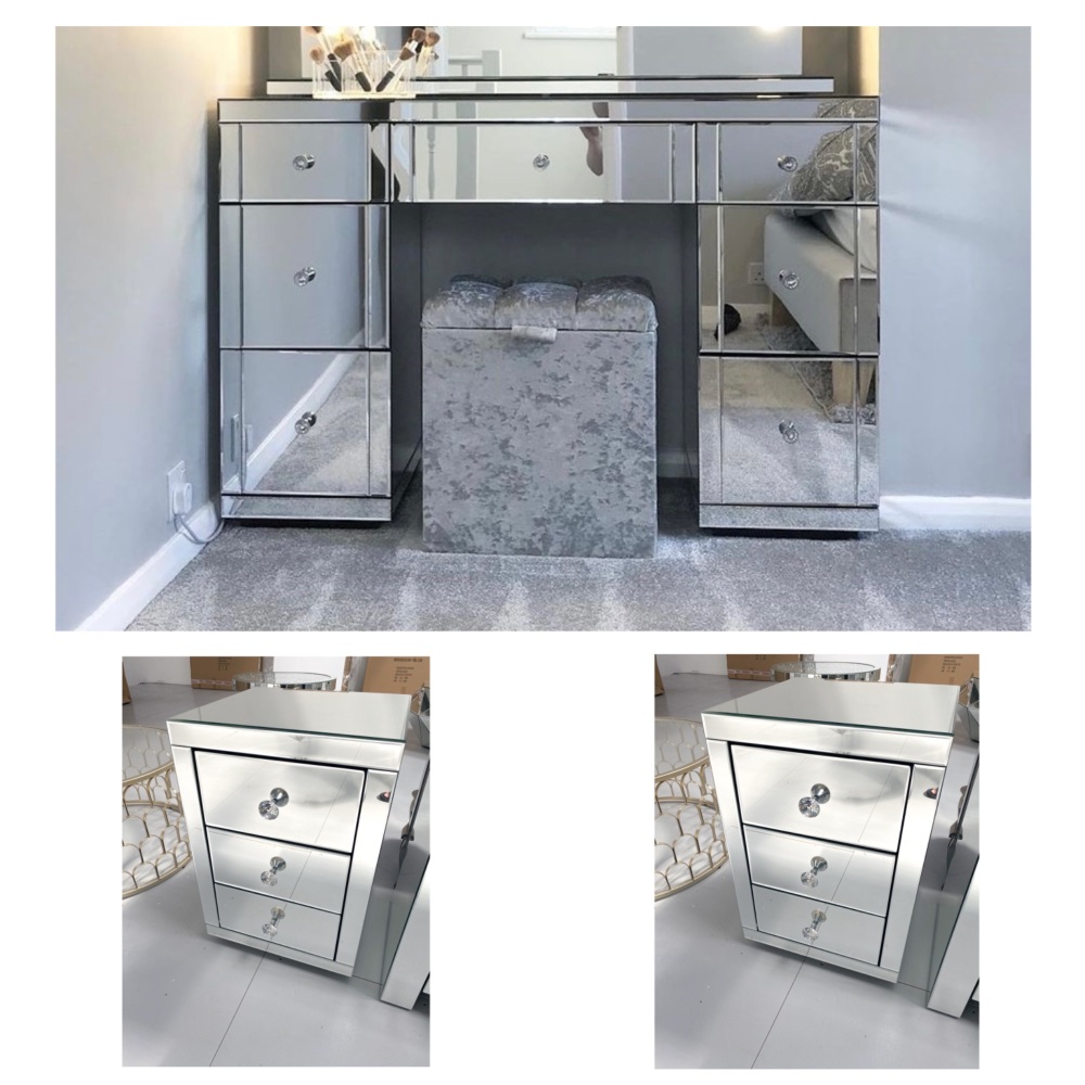 * Monica package Deal Venetian  Mirrored 7 Draw Dressing Table 1 LEFT  & 2 bedside chest of draws in  stock