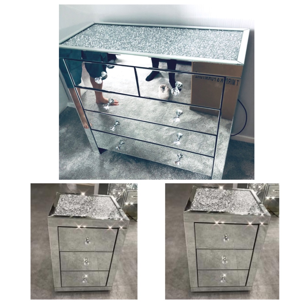 * Monica Diamond Crush Mirrored  5 Draw Large Chest & 2 Bedside chests  with a Diamond crush Top STOCK DUE MARCH 2024
