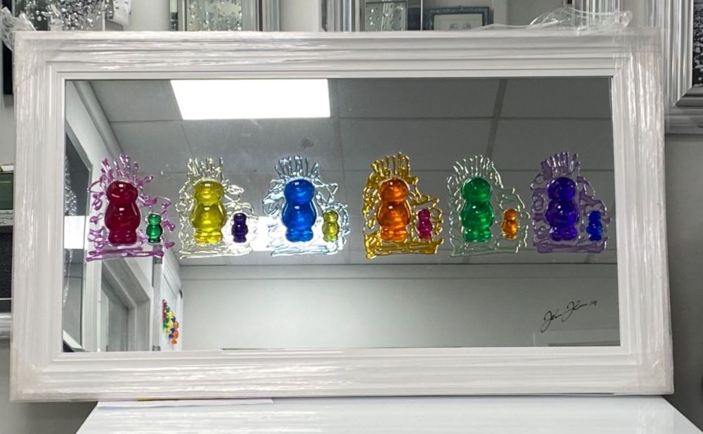 Jake Johnson 3D colourful Jelly Babies wall art on a Mirror background white stepped frame in stock