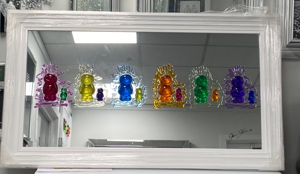 Jake Johnson 3D colourful Jelly Babies wall art on a Mirror background white stepped frame in stock