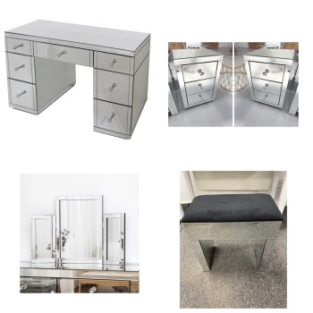 * Monica Venetian Mirrored 7 Draw Dressing Table  WITH 2 bedside chests, Tri Fold Mirror & Stool- in Stock 