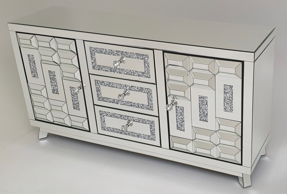 *Diamond Crush Sparkle Crystal Mirrored  Art Deco  3 draw 2 Door Sideboard with crystal Top 