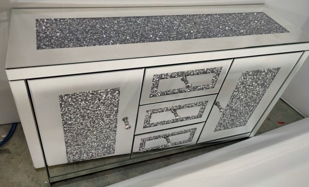*Diamond Crush Sparkle Crystal Mirrored  Gatsby 3 draw 3 Door Sideboard with crystal Top 