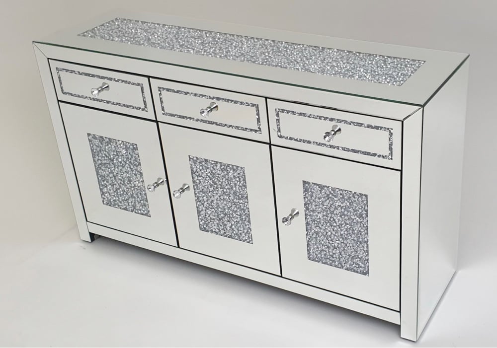 *Diamond Crush Sparkle Crystal Mirrored 3 draw 3 Door Sideboard with crystal Top 