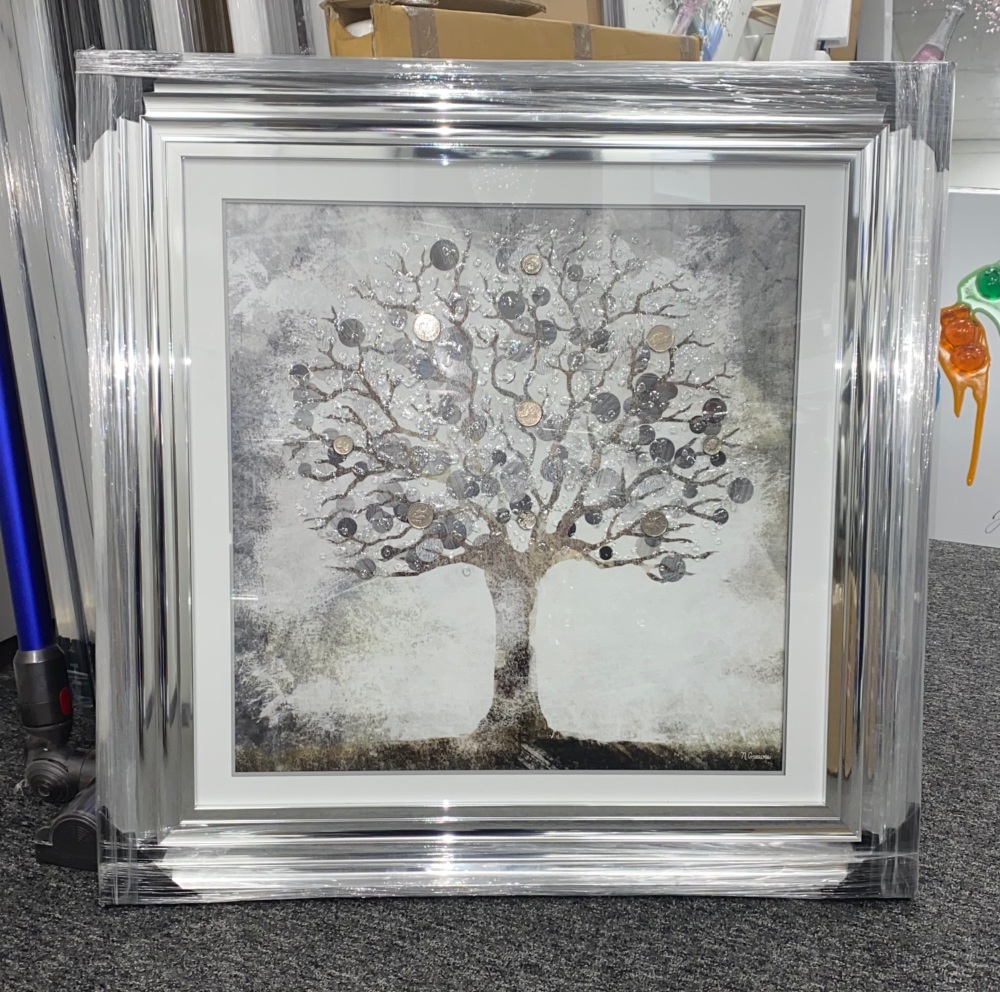 "Glitter Sparkle Money Tree" with real coins in a silver chrome stepped frame in stock