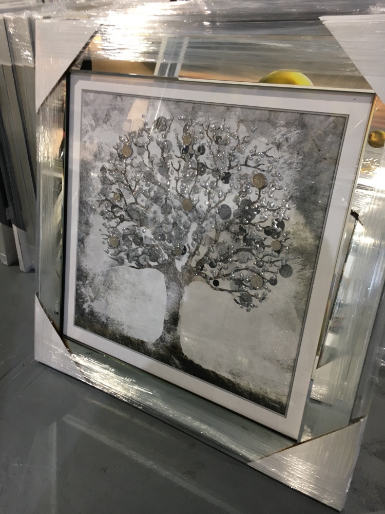 "Glitter Sparkle Money Tree" with real coins in a silver mirror stepped frame