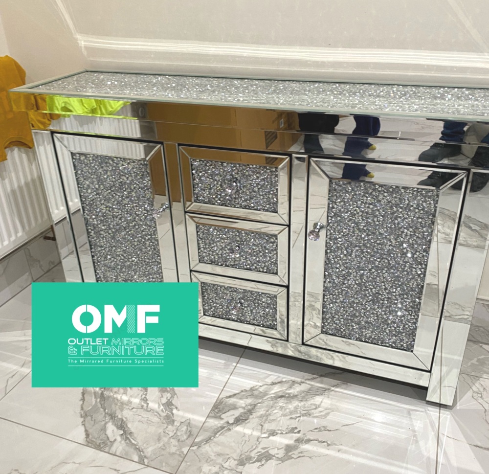 *Diamond Crush Sparkle Crystal Mirrored 3 draw 2 Door Sideboard special offer  -In Stock 