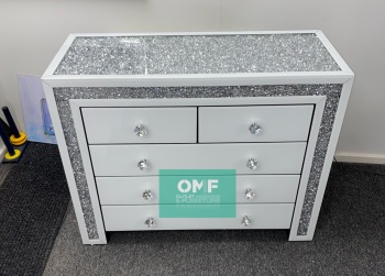 * Monica Diamond Crush Baorder Mirrored White 5 Draw Large Chest with a Diamond crush Top - in stock