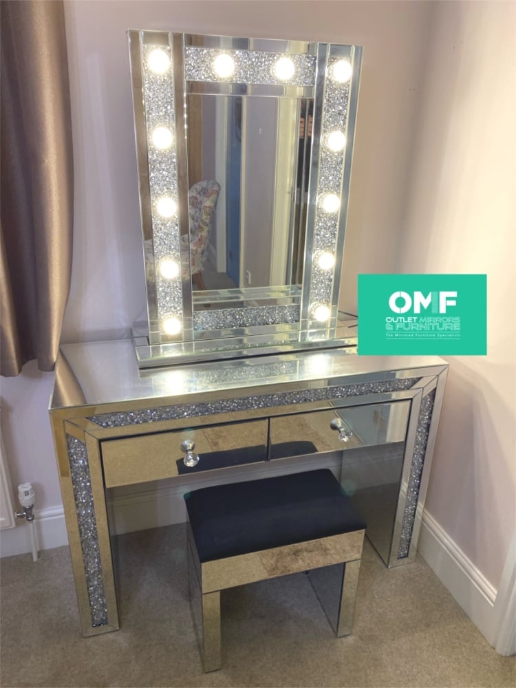 * Package Deal Diamond Crush Crystal Monica Mirrored Dressing Table / Console, stool and Hollywood mirror  package deal