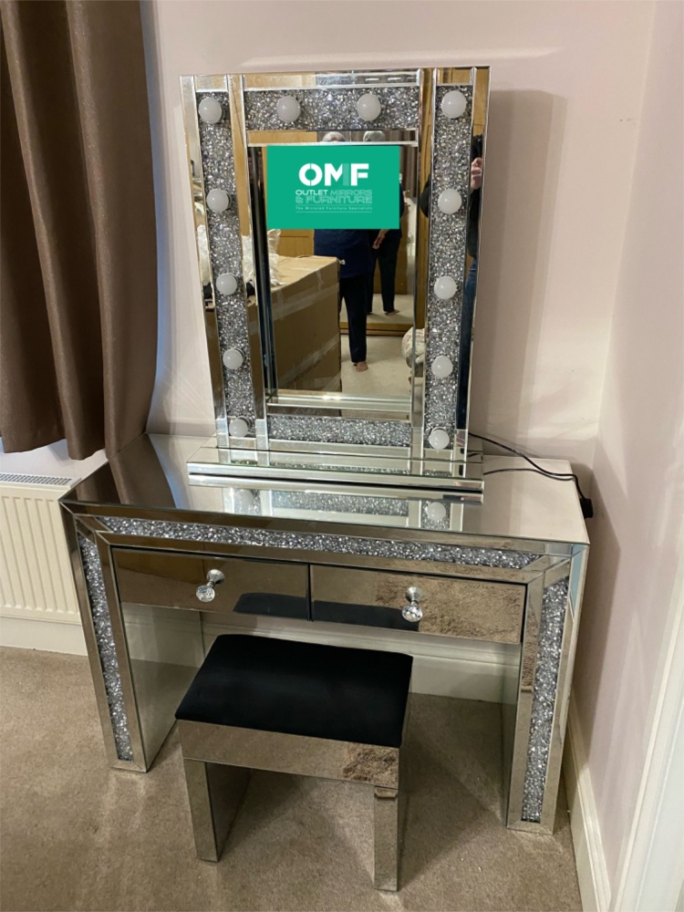 * Package Deal Diamond Crush Crystal Monica Mirrored Dressing Table / Console, stool and Hollywood mirror  package deal