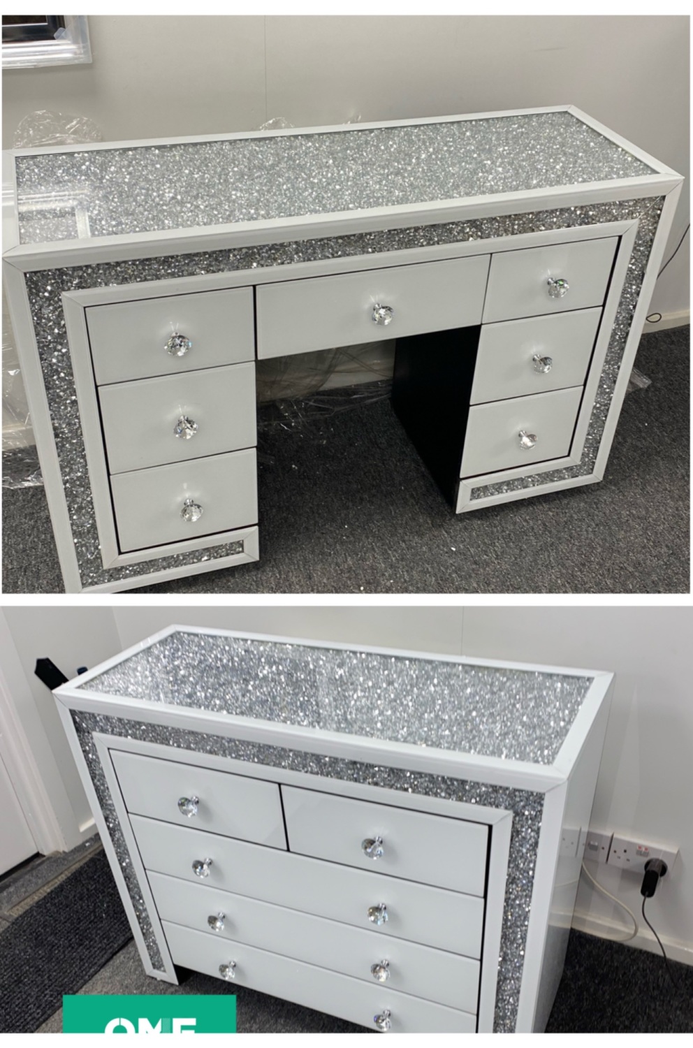 * Monica Diamond Crush Mirrored White 7 Draw Dressing Table & 5 Draw chest 