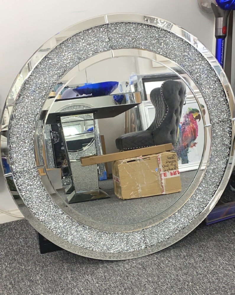 Diamond Crush Sparkle Round Silver Wall Mirror 100cm dia special offer -item in stock